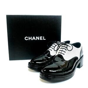 🪄100% Auth CHANEL Chunky Black Patent Pinstripe Lace Up Oxford Shoes sz 42 12